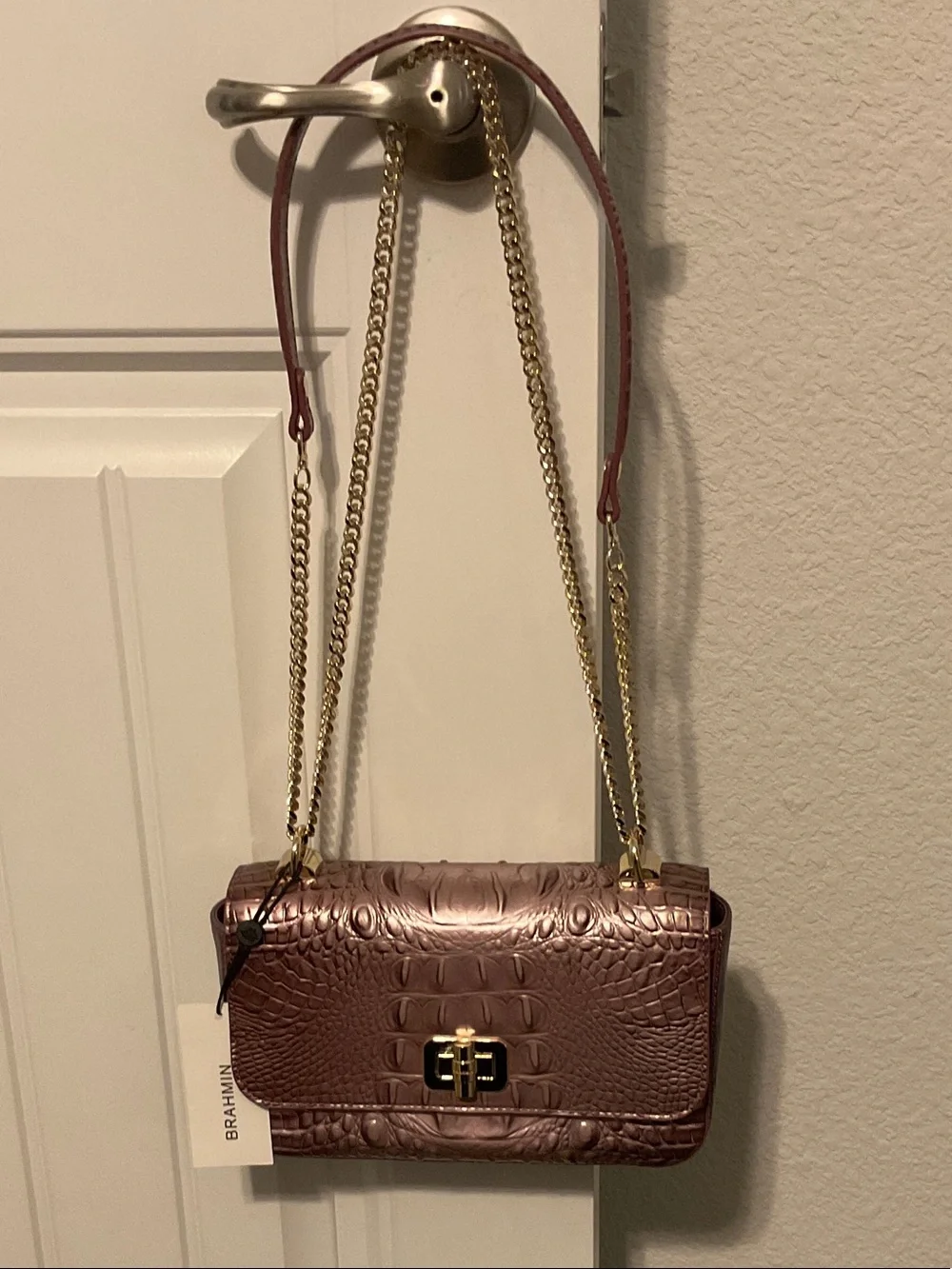 Brahmin Mauve Croc-Embossed Leather Crossbody with Gold Chain